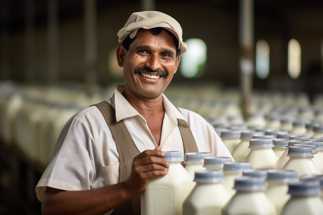 Happy milk farmer in rural india working on dairy farm