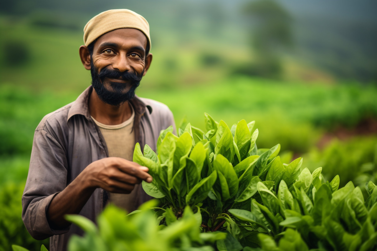 Indian farmer inspecting turmeric field