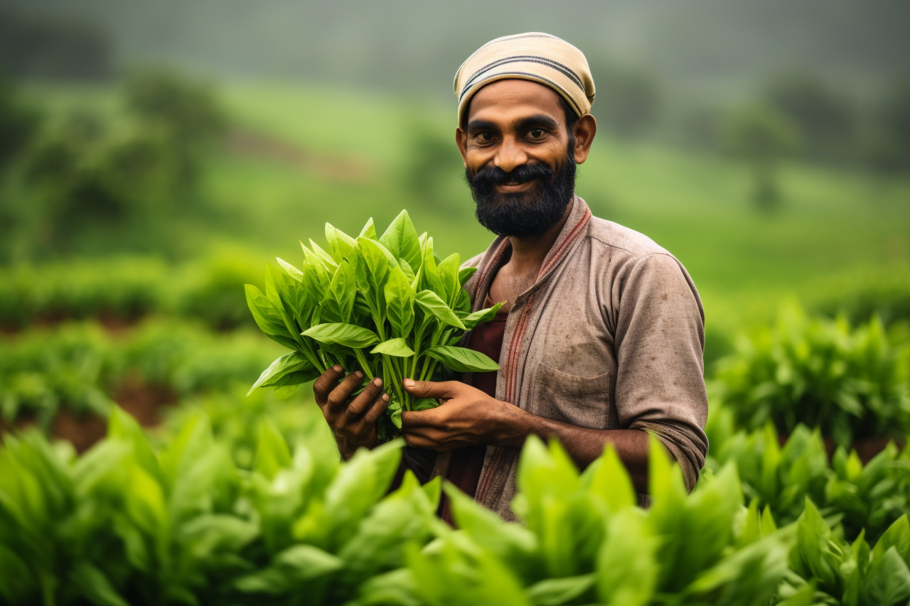 Indian farmer inspecting turmeric field