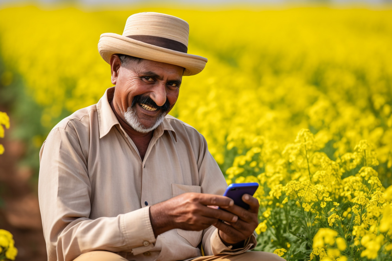 Indian farmer using phone in mustard field