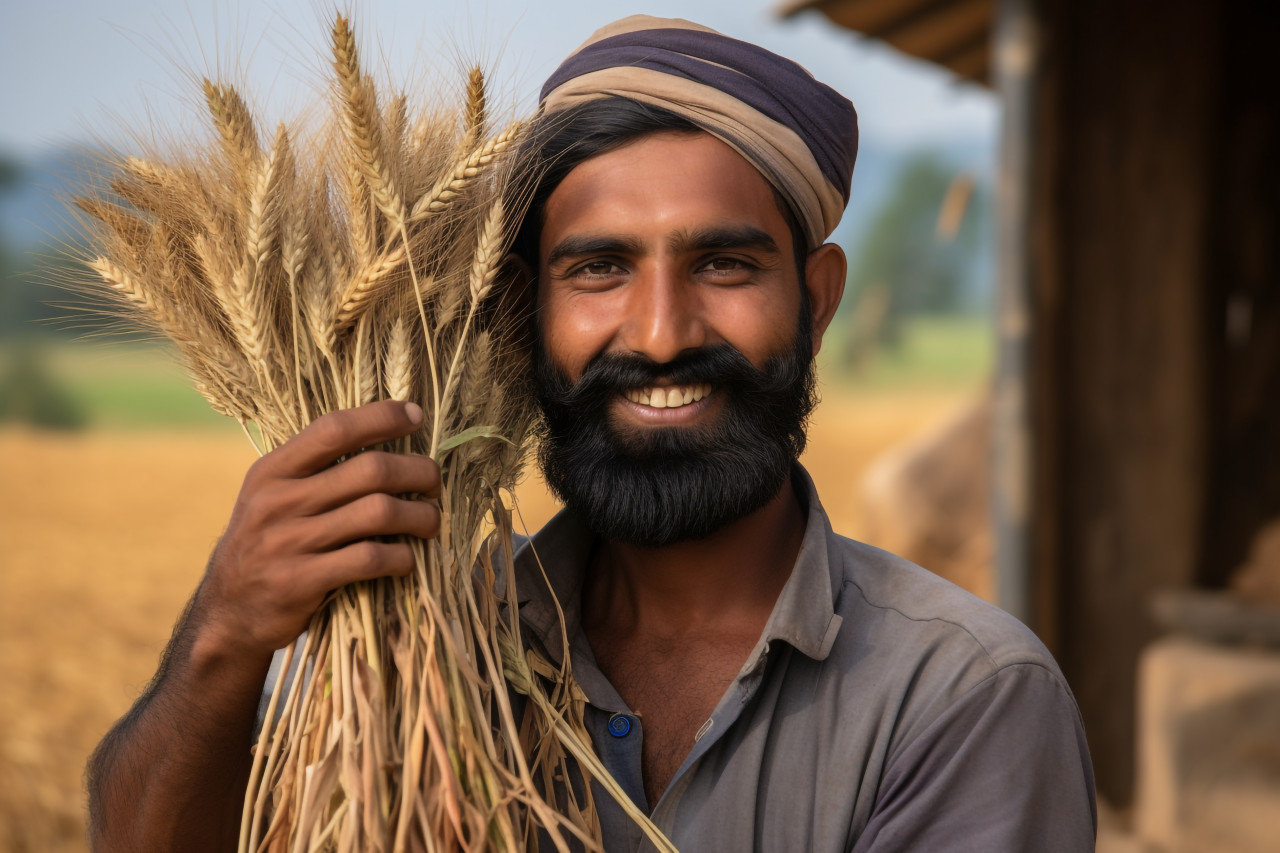 Farmer holding golden wheat harvest in india