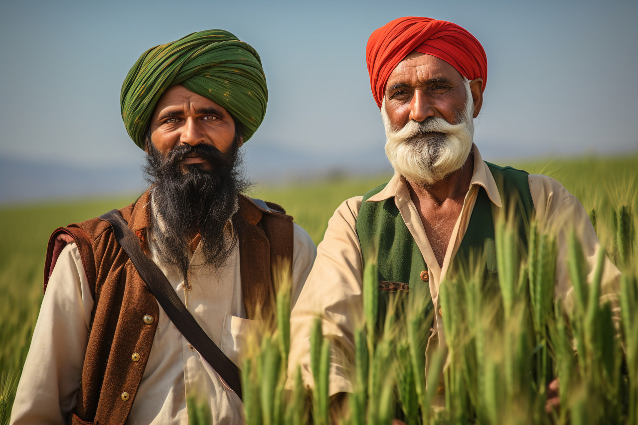 Indian and european farmers in a green wheat field