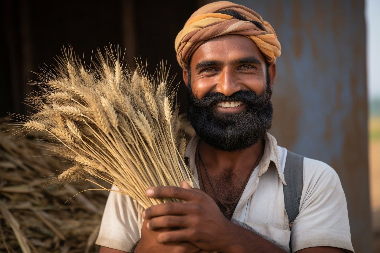 Farmer holding golden wheat harvest in india