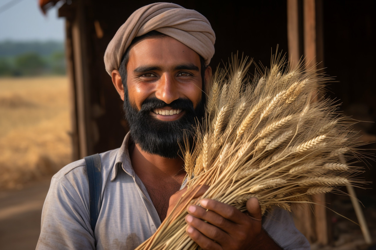 Farmer holding golden wheat harvest in india