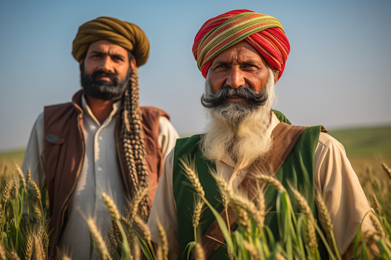 Indian and european farmers in a green wheat field