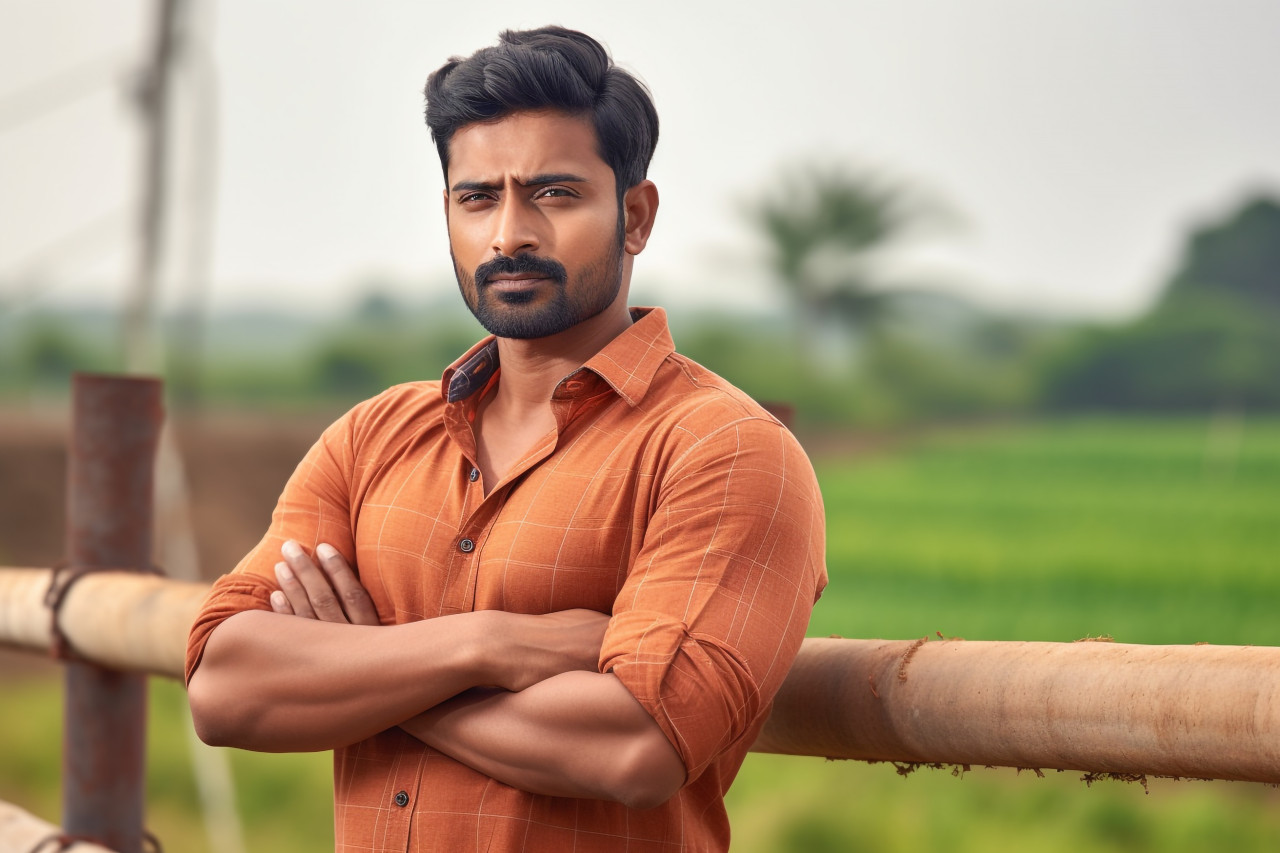 Confident indian farmer in farmland crossing arms