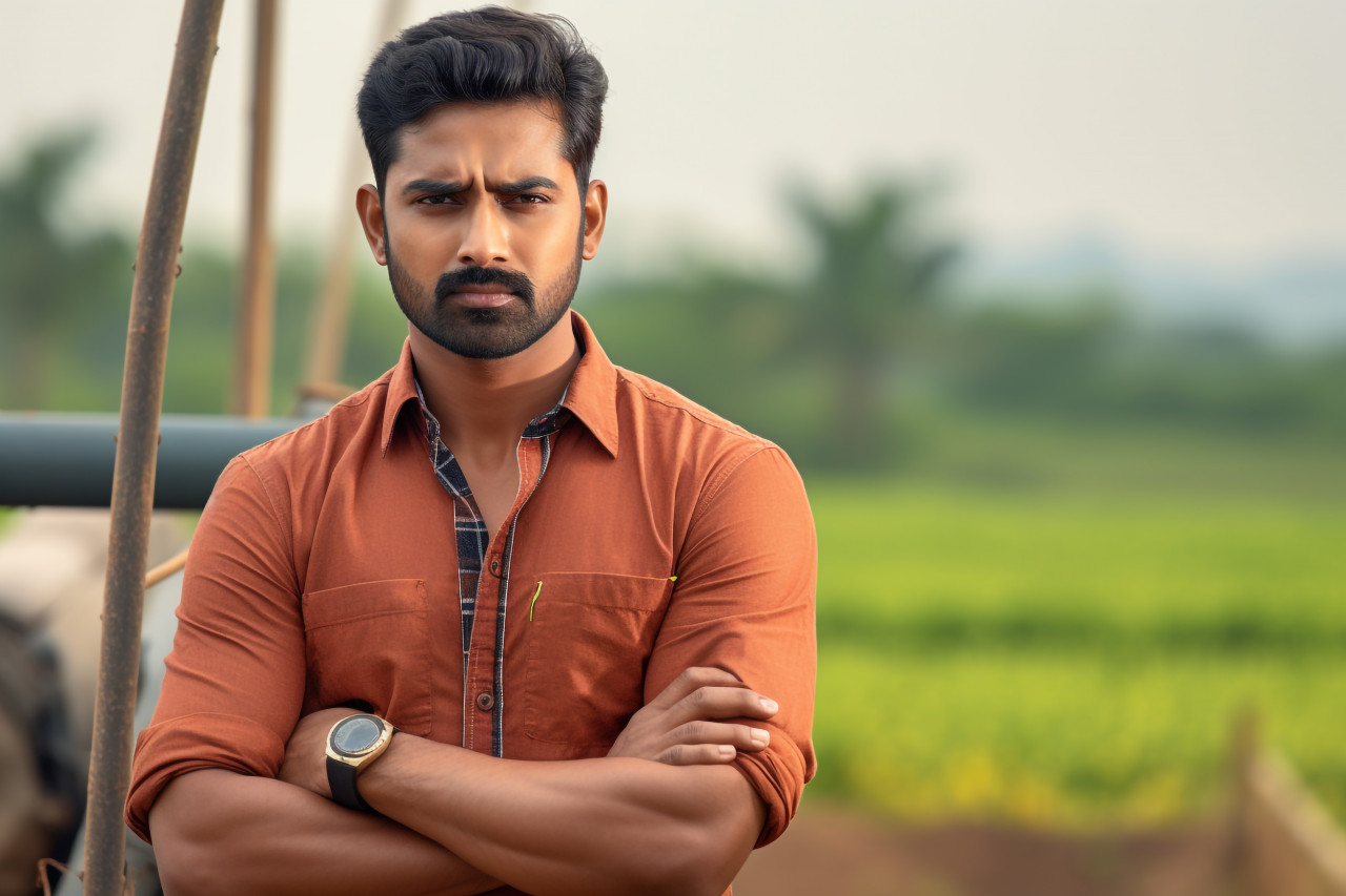 Confident indian farmer in farmland crossing arms