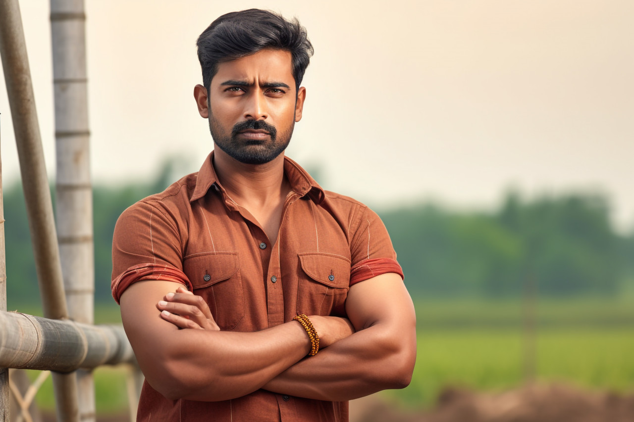 Confident indian farmer in farmland crossing arms