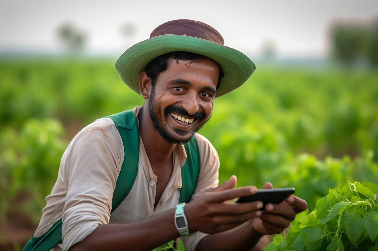 Indian farmer using mobile on green field