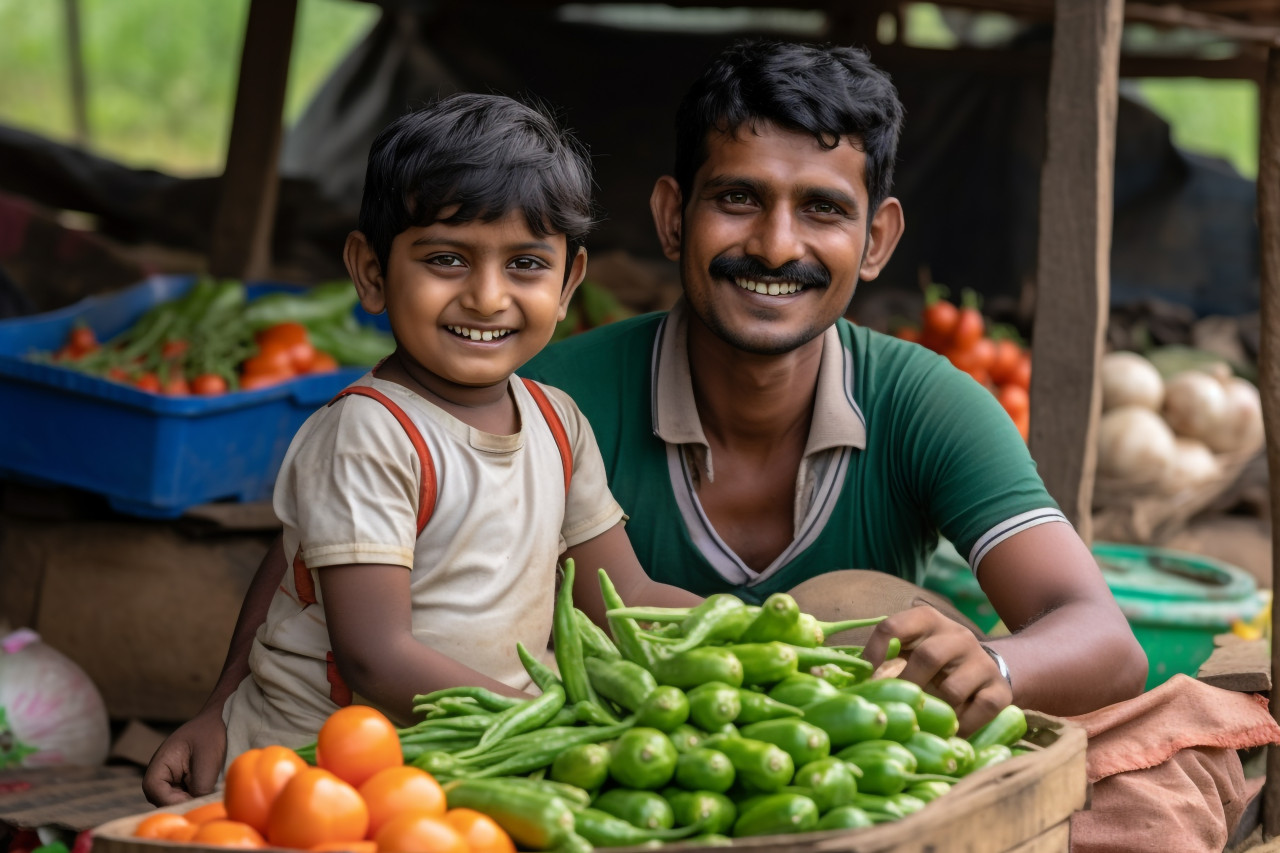 Indian father and child in rural area