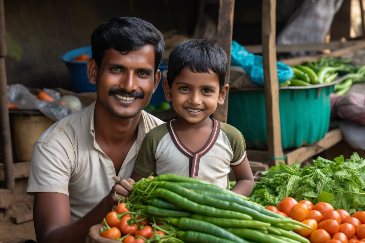 Indian father and child in rural area