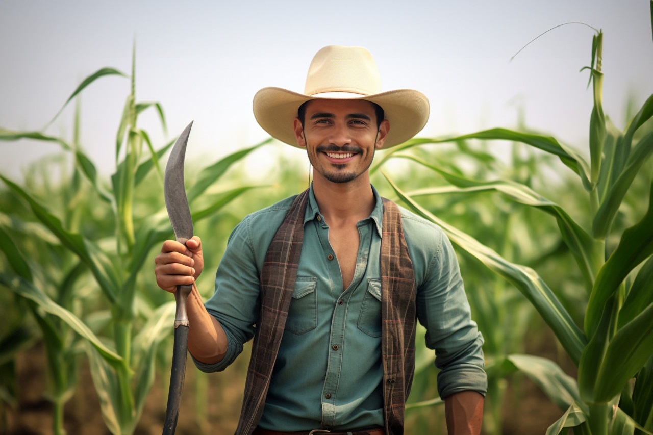 Smiling young farmer with crop and sickle in rural field