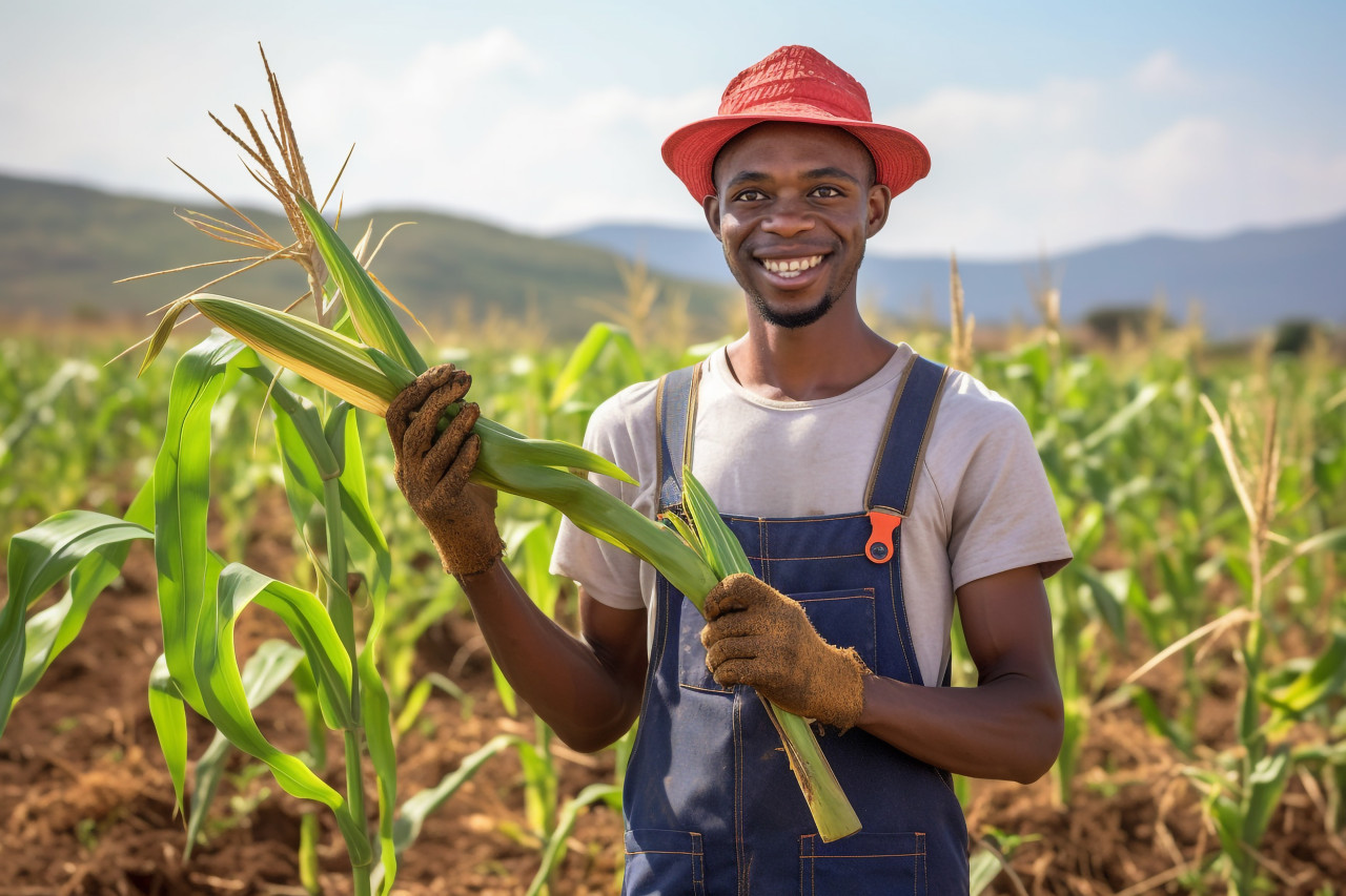 Smiling young farmer with crop and sickle in rural field