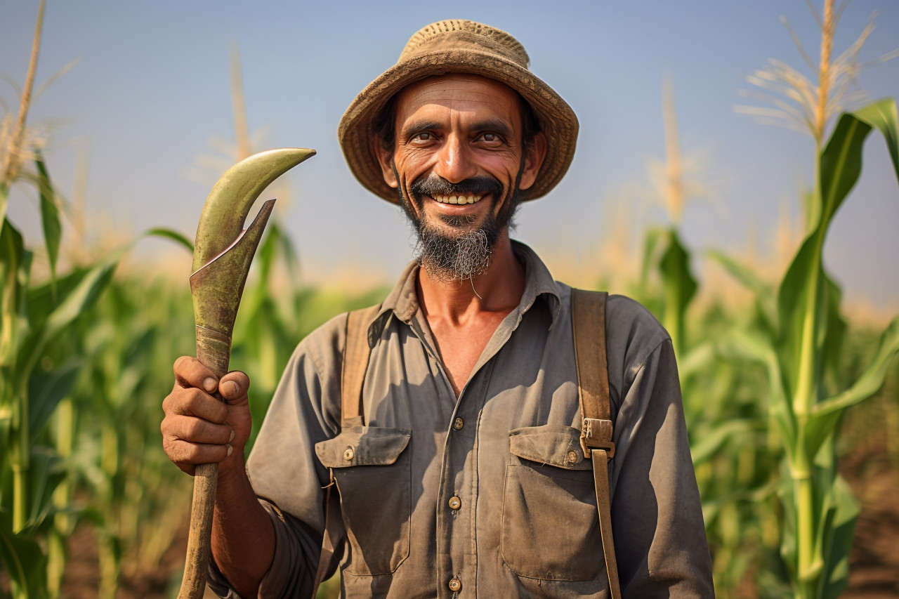 Smiling young farmer with crop and sickle in rural field