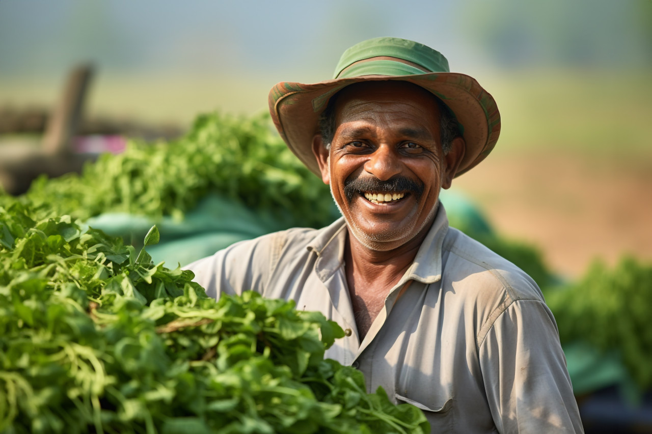 Indian farmer smiling in green field