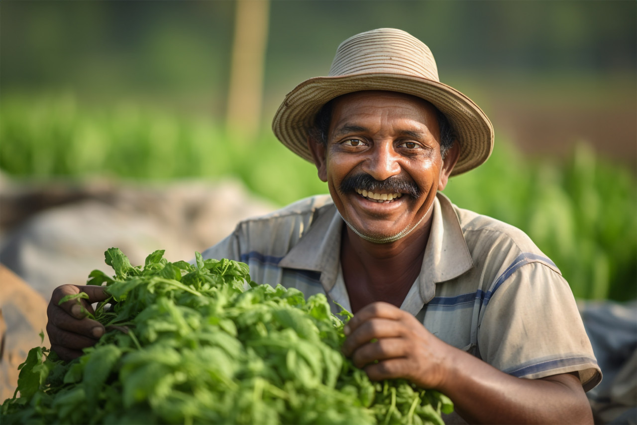 Indian farmer smiling in green field