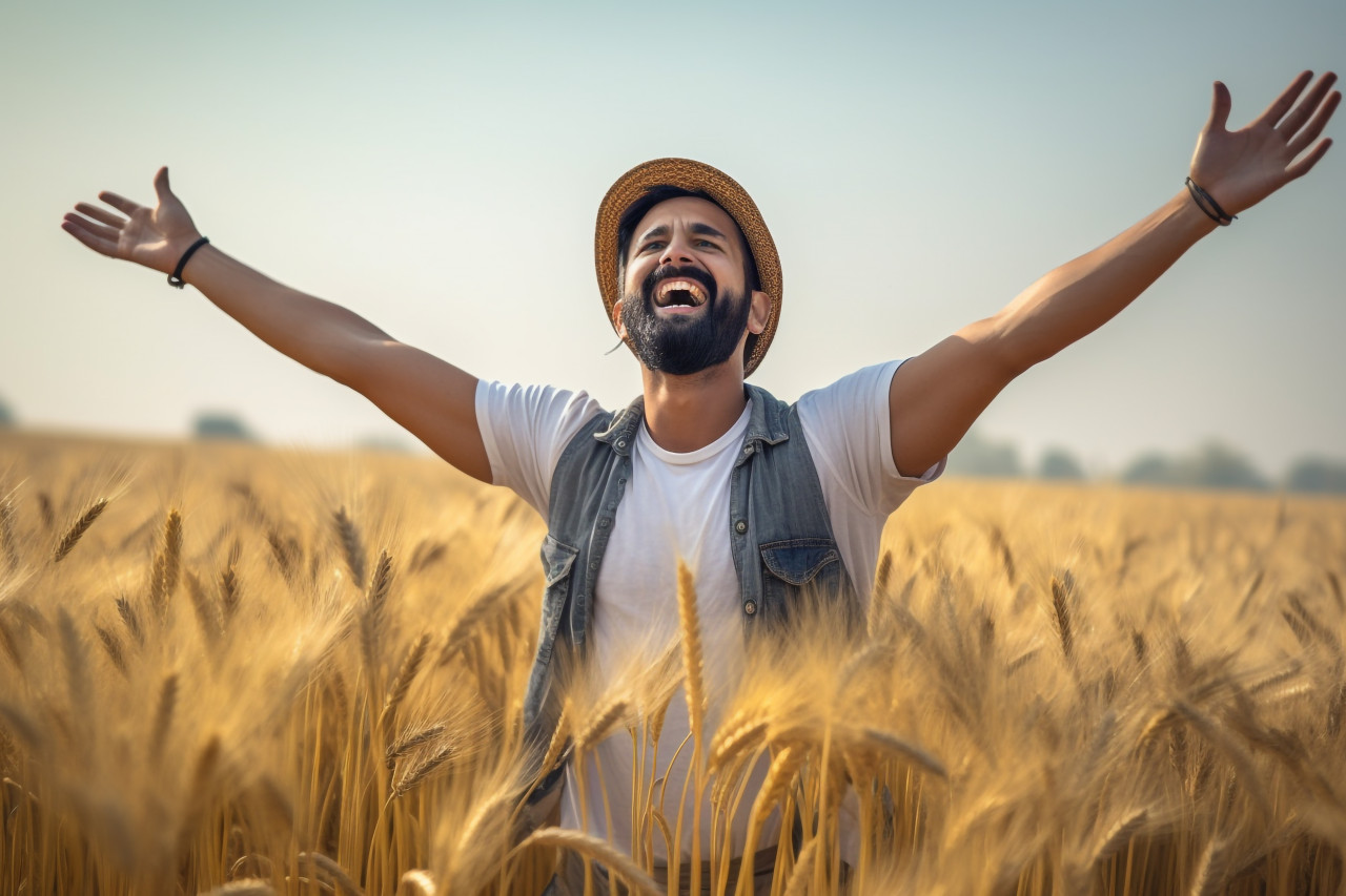 Cheerful young indian farmer standing in wheat field with arms outstretched