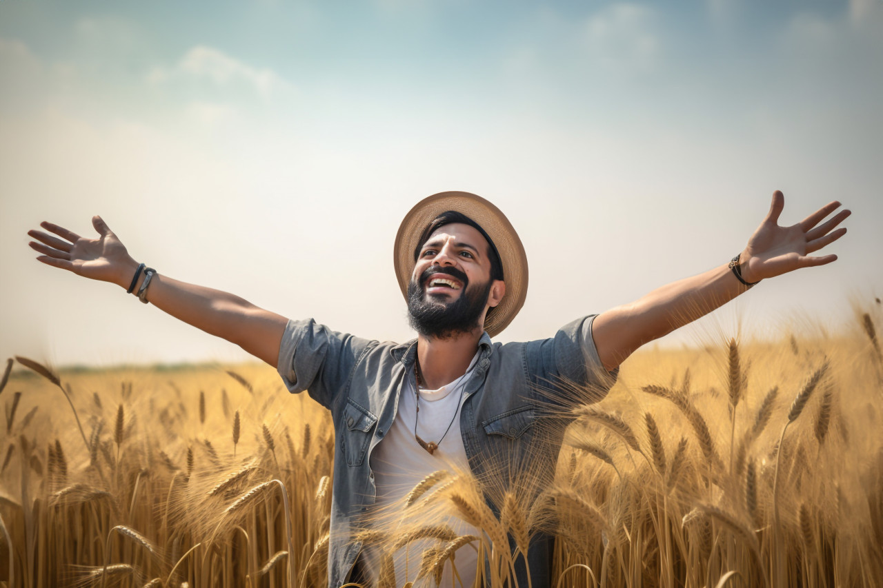 Cheerful young indian farmer standing in wheat field with arms outstretched