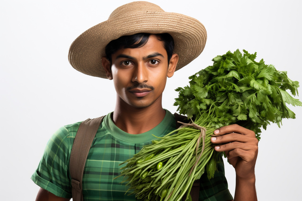 Indian farmer posing on white background