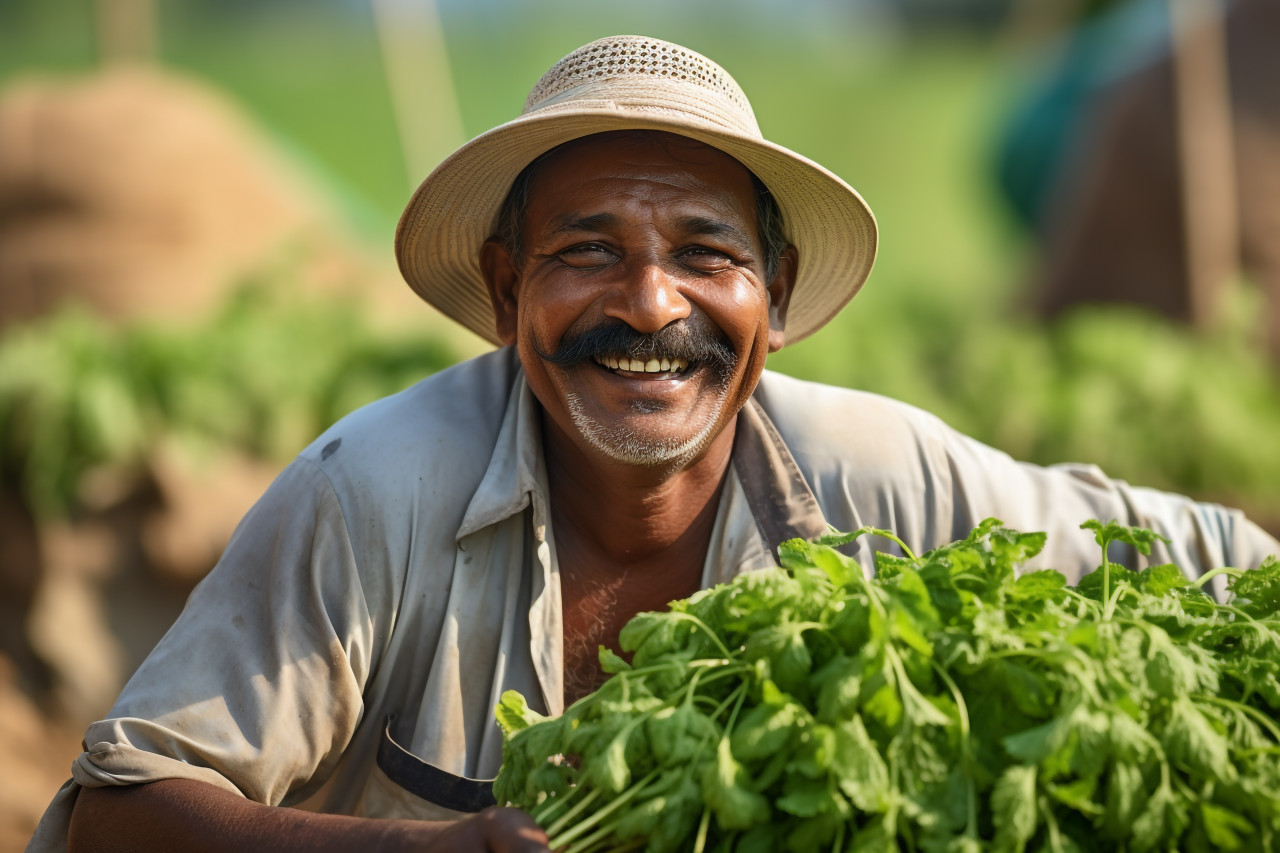 Indian farmer smiling in green field