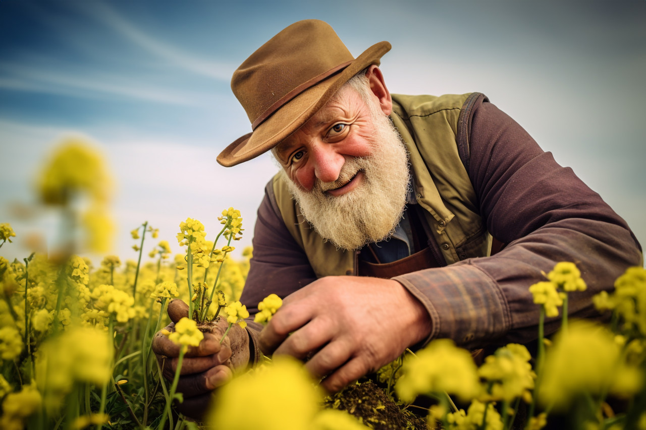 Farmer inspecting oilseed field