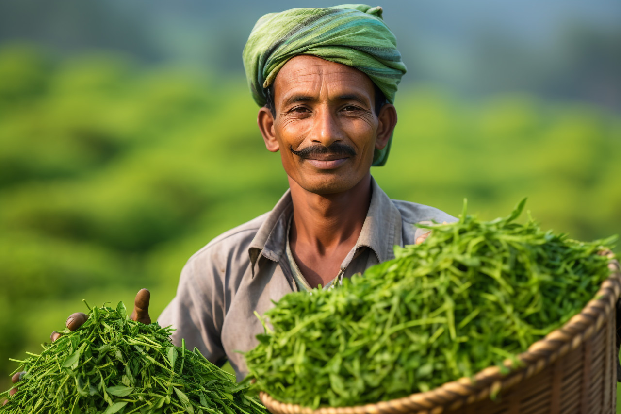 Smiling indian farmer in green field