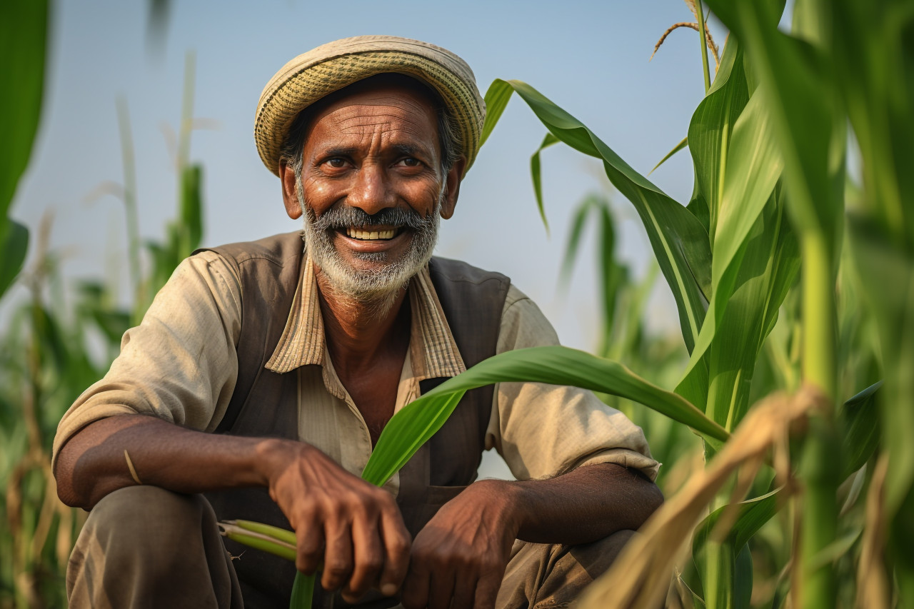 Smiling indian farmer in corn field