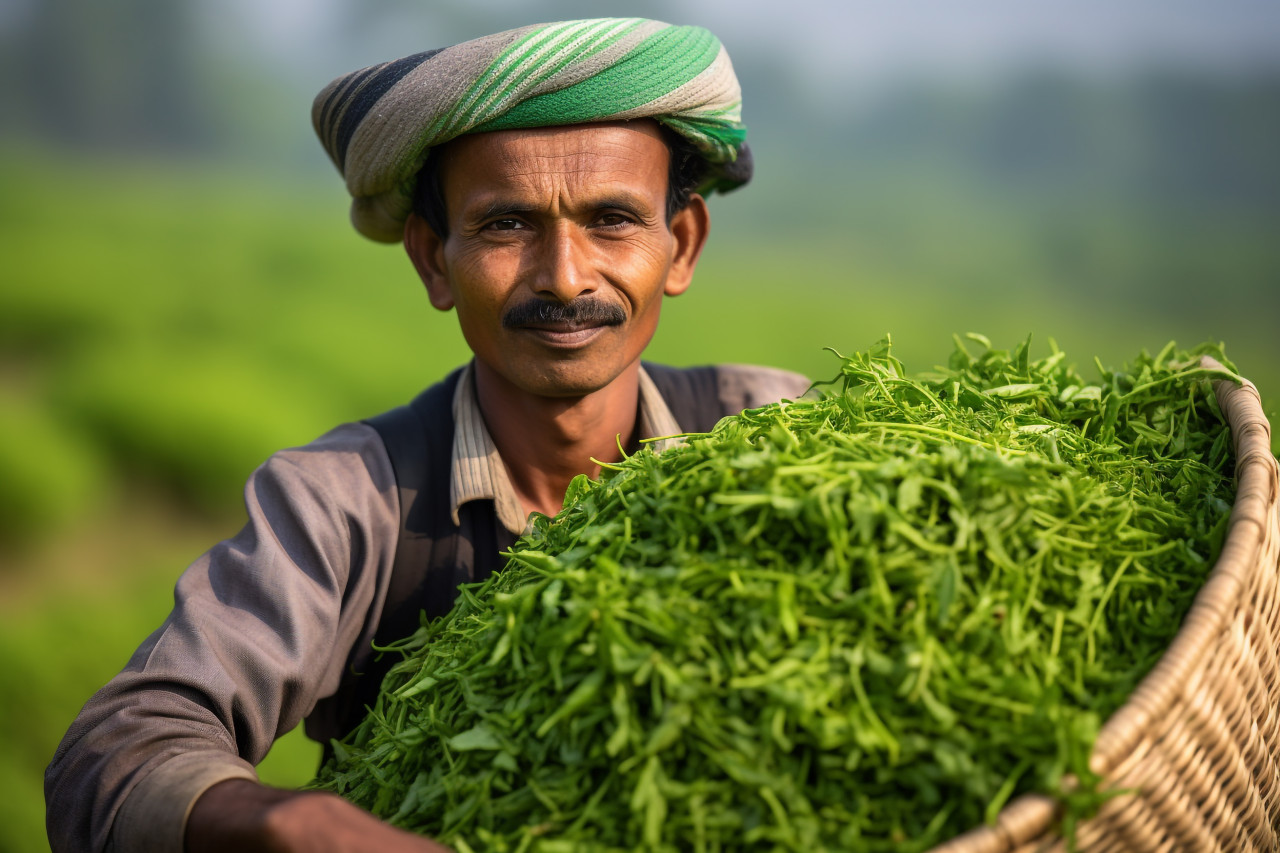 Smiling indian farmer in green field