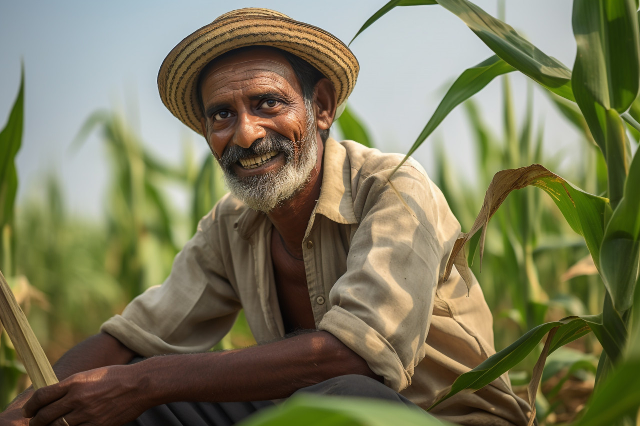 Smiling indian farmer in corn field