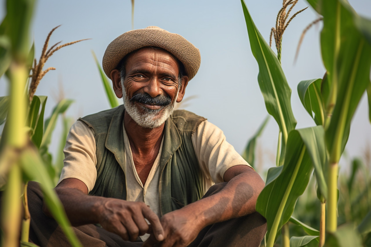 Smiling indian farmer in corn field