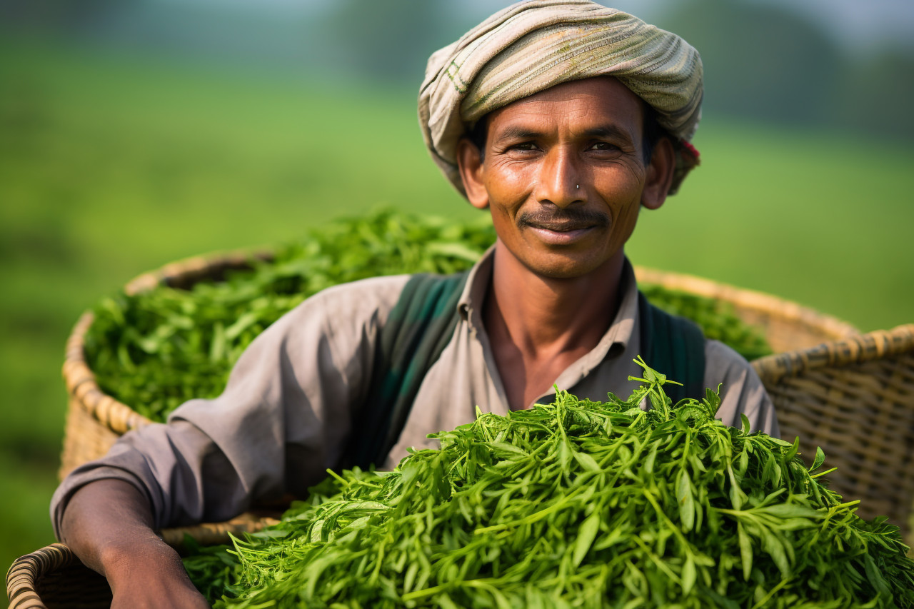 Smiling indian farmer in green field