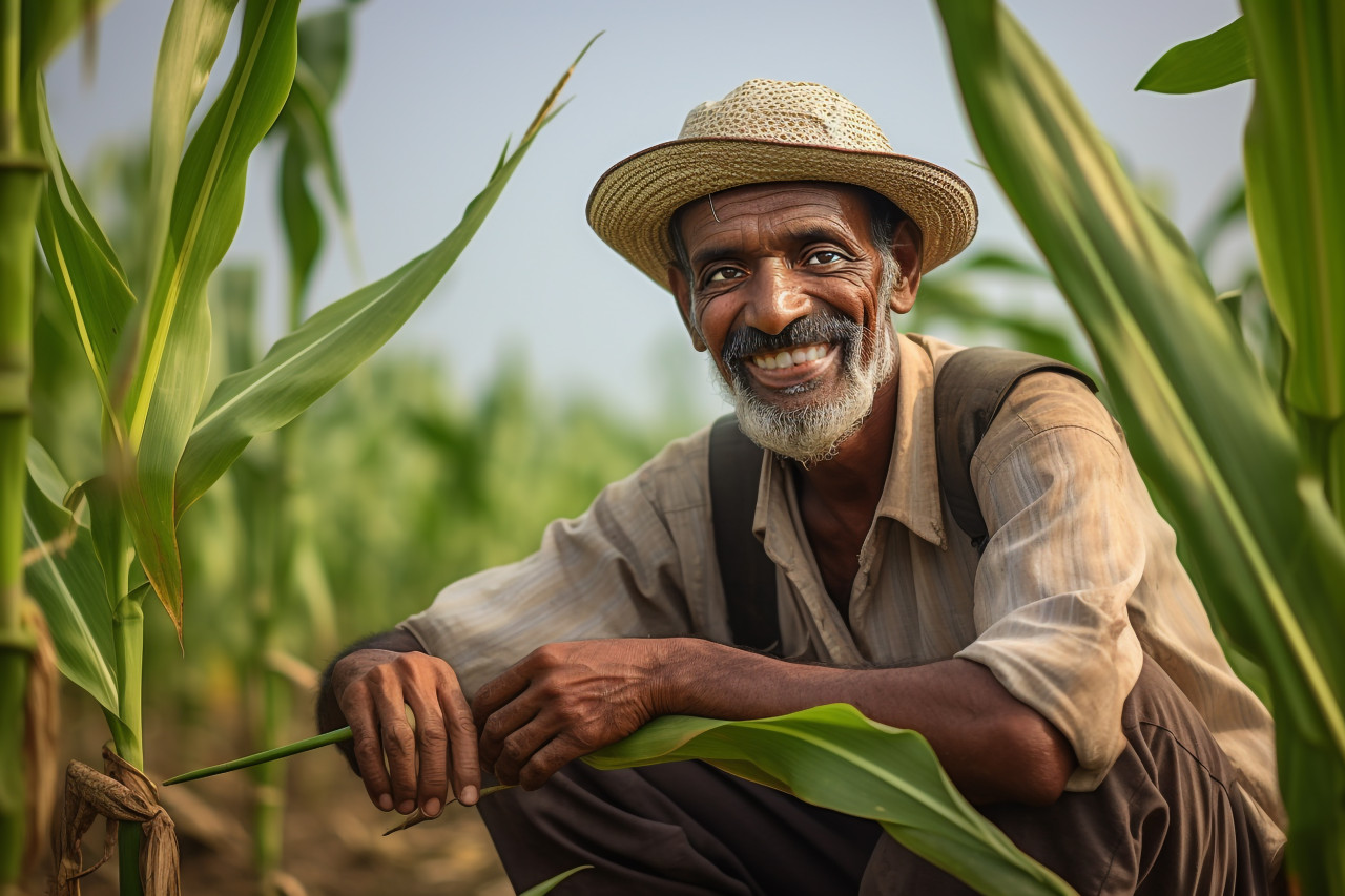 Smiling indian farmer in corn field