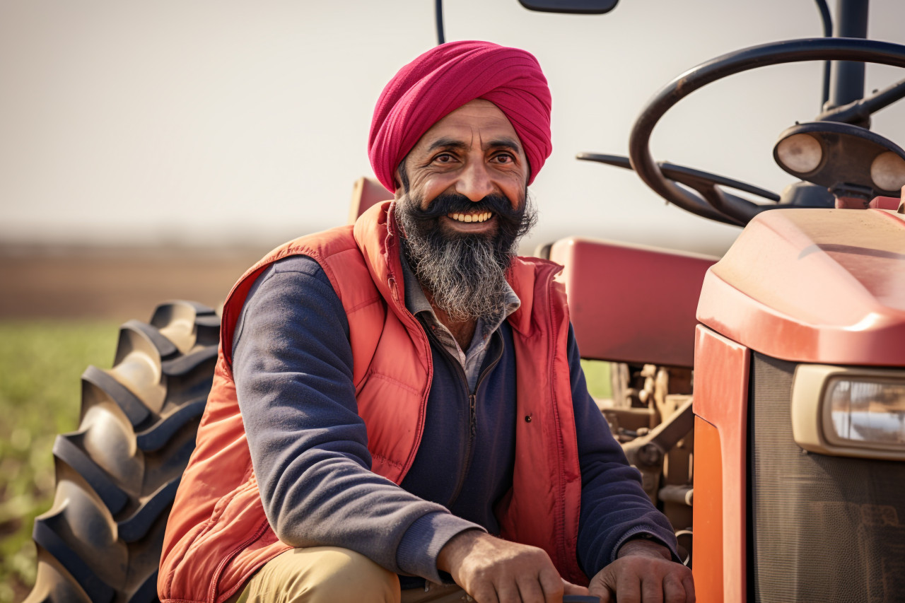 Indian farmer smiles while driving tractor in field