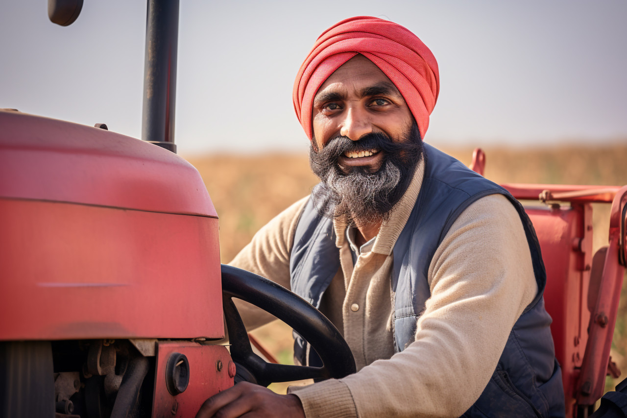 Indian farmer smiles while driving tractor in field