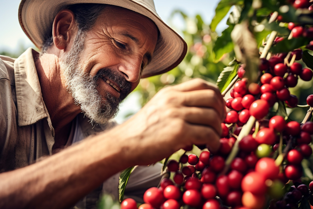 Farmer harvests arabica coffee beans