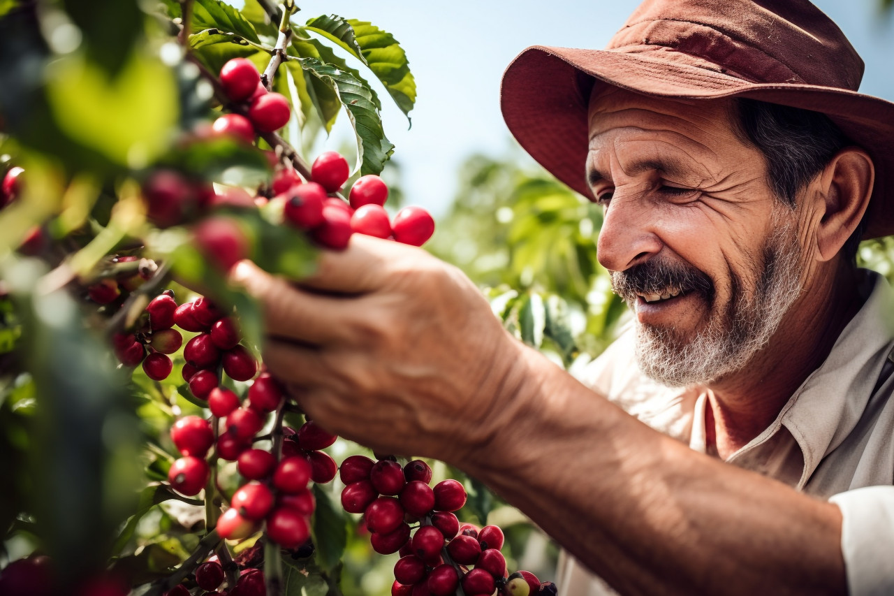 Farmer harvests arabica coffee beans