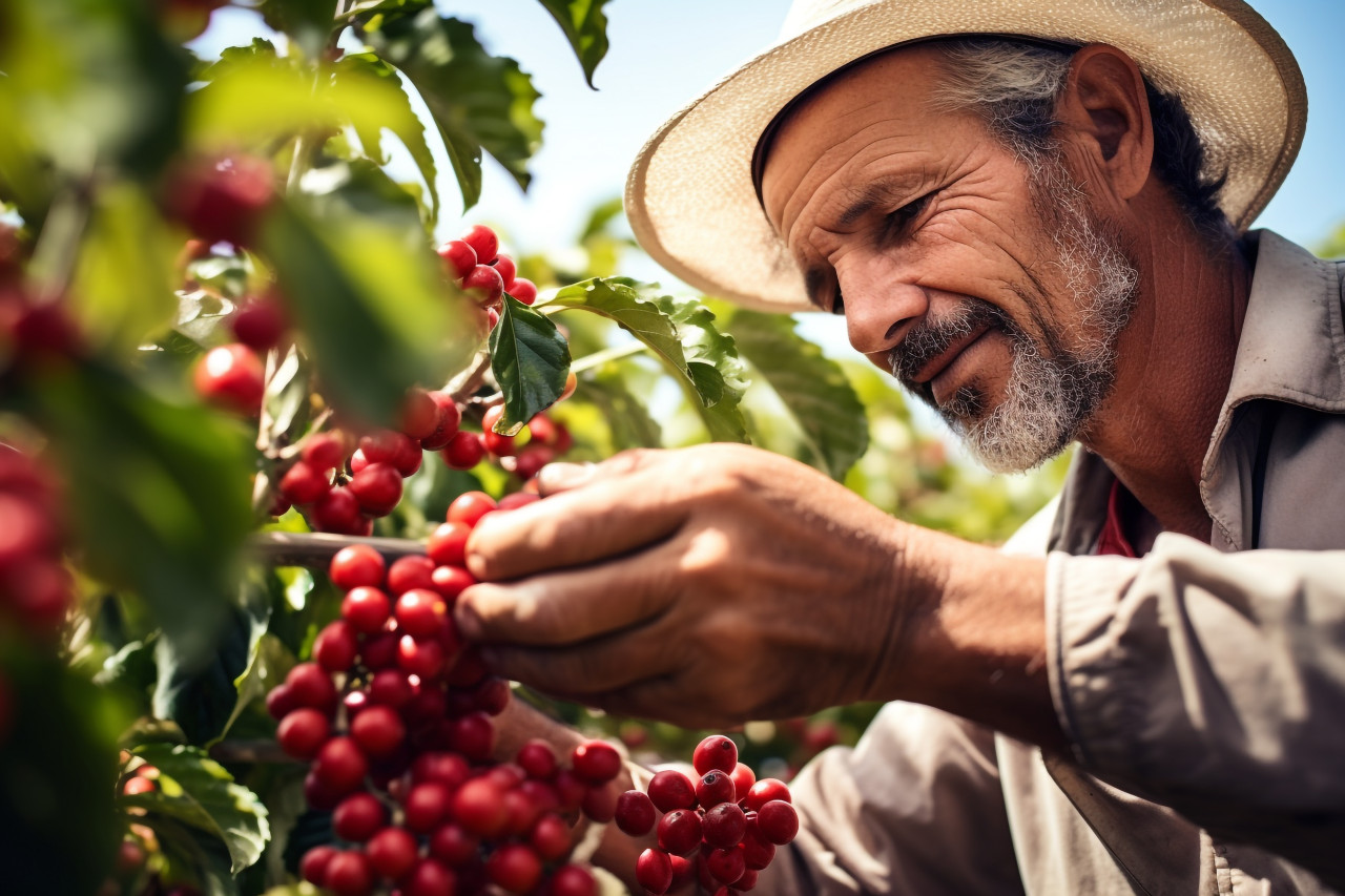 Farmer harvests arabica coffee beans