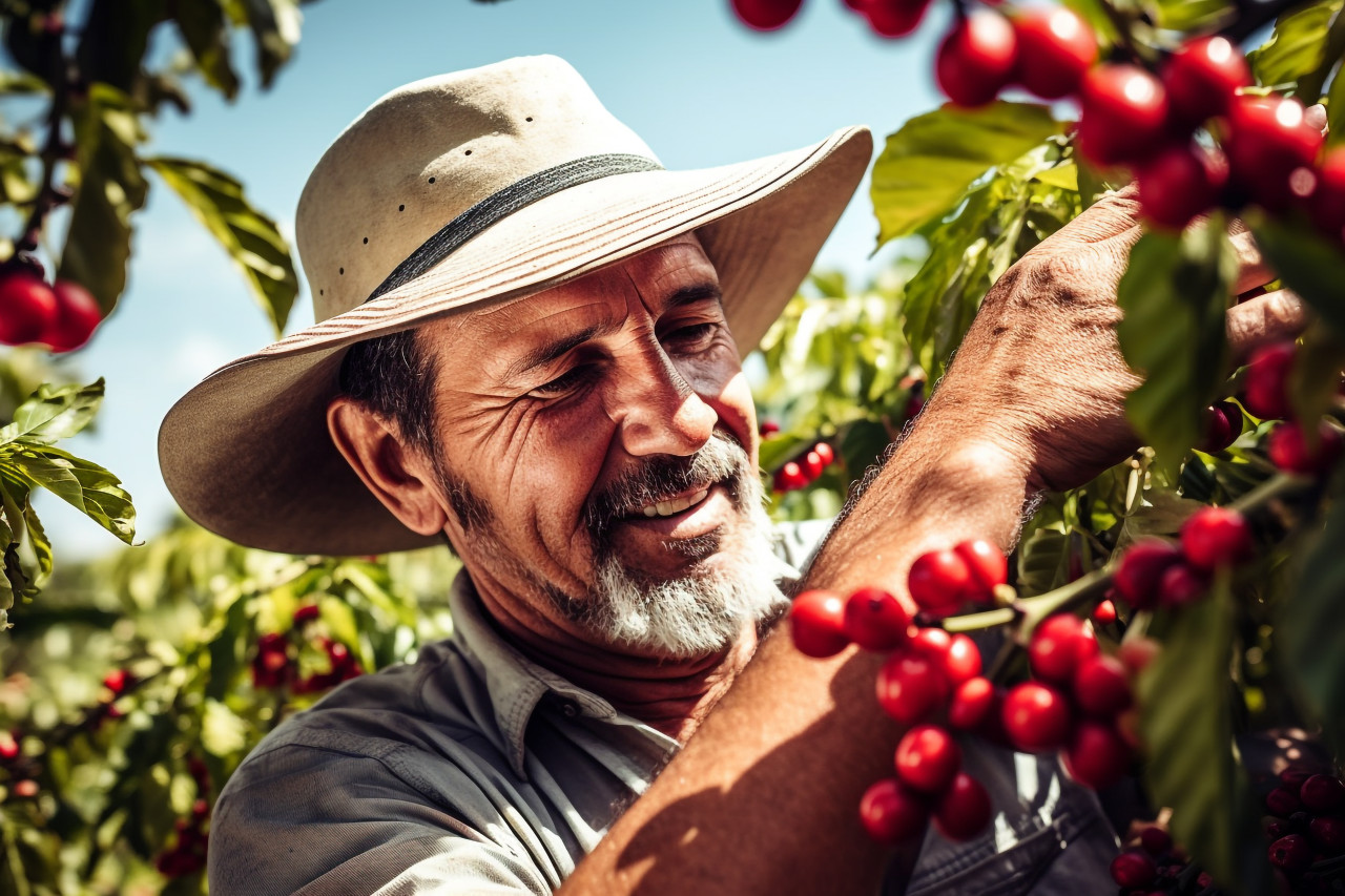 Farmer harvests arabica coffee beans