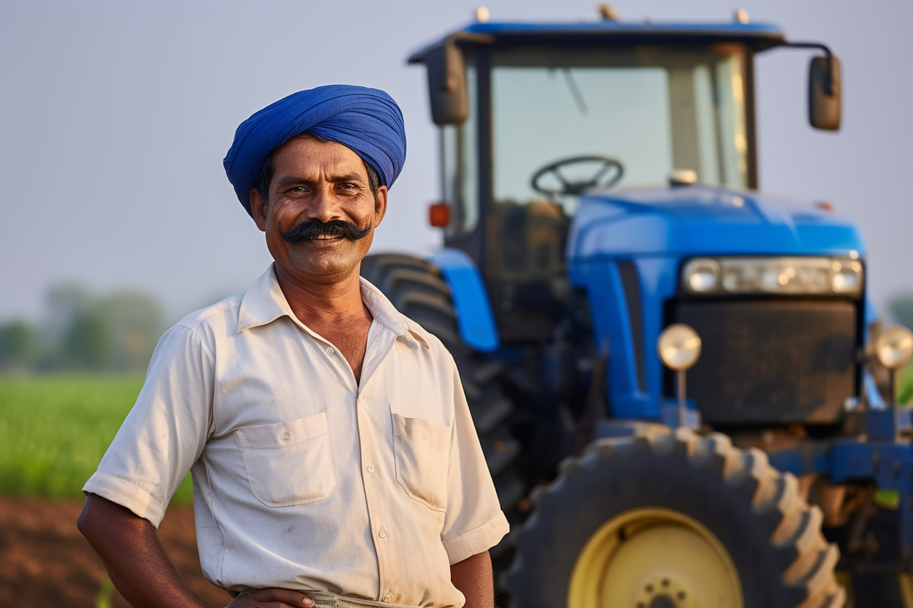 Happy indian farmer with mustache standing in front of blue tractor