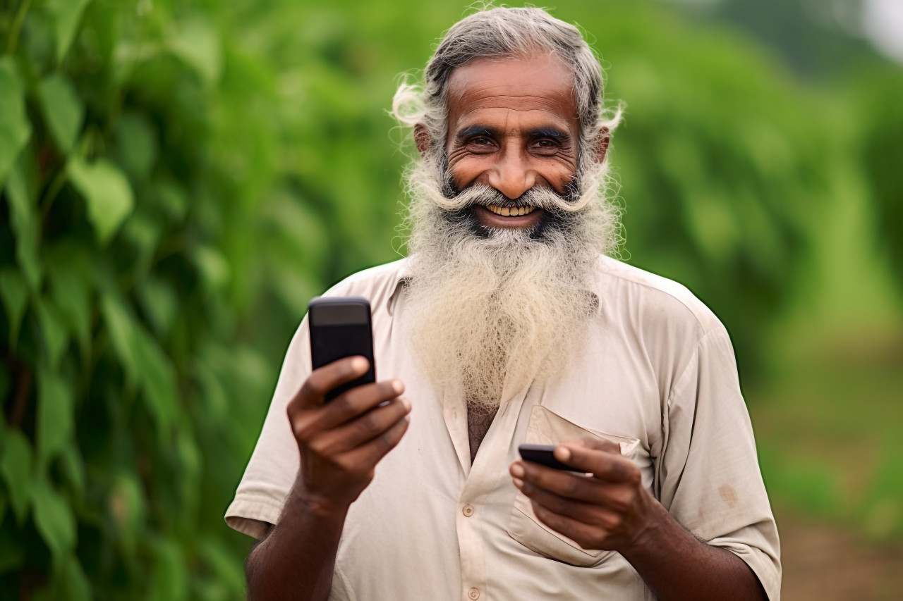 Indian farmer holding phone in village