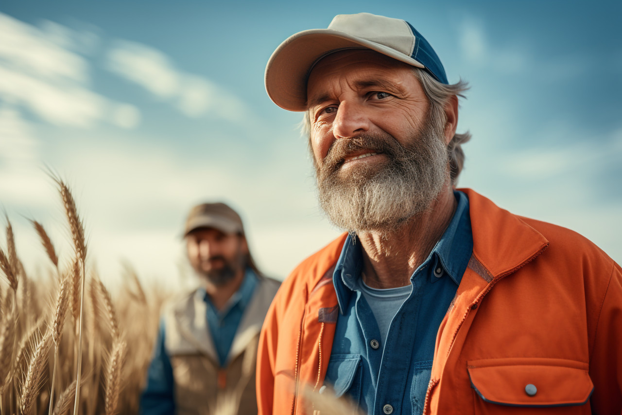Farmer in golden wheat field photo