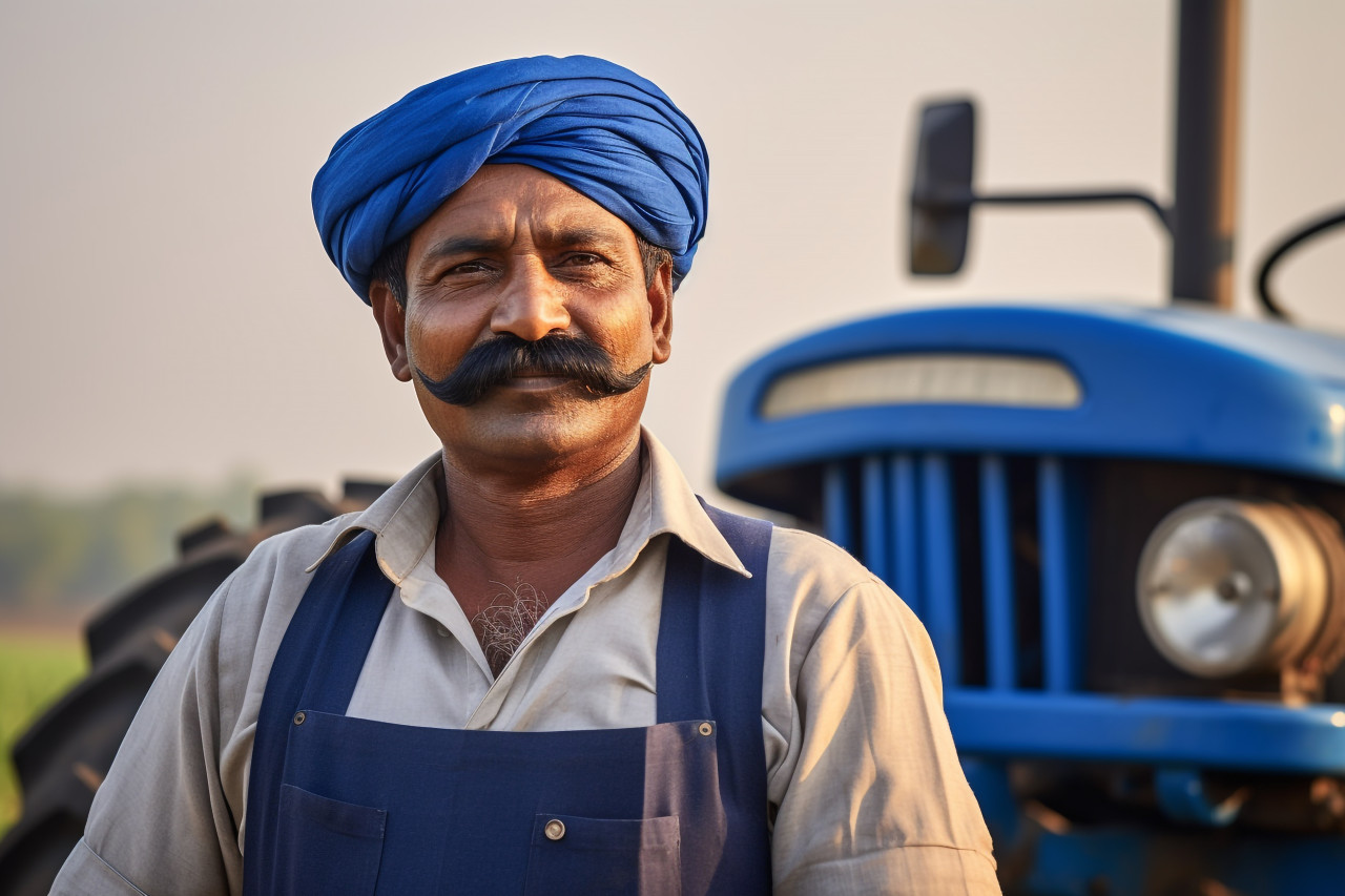 Happy indian farmer with mustache standing in front of blue tractor