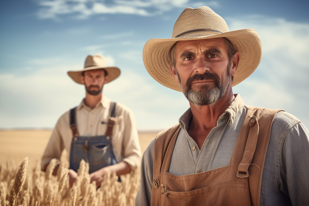 Farmer in golden wheat field photo