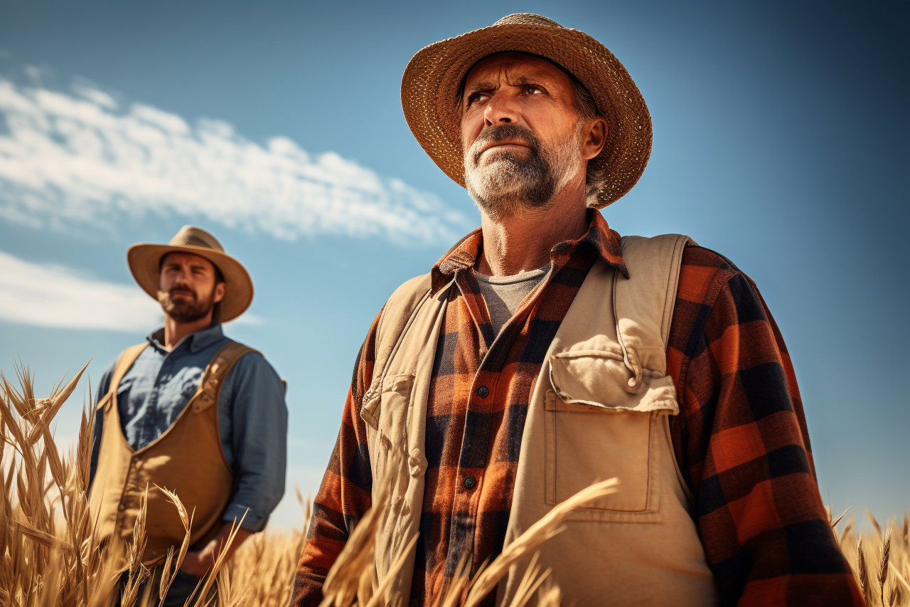 Farmer in golden wheat field photo
