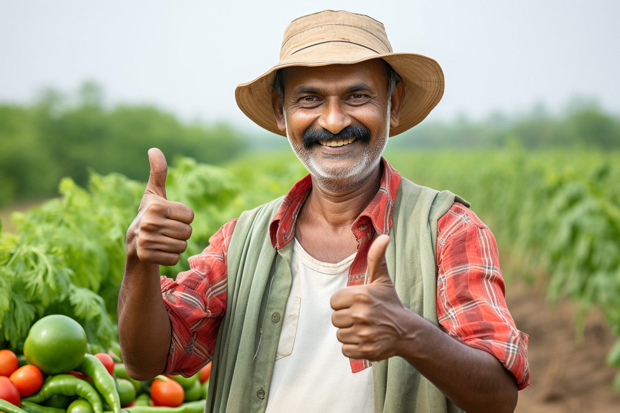Indian farmer giving thumbs up