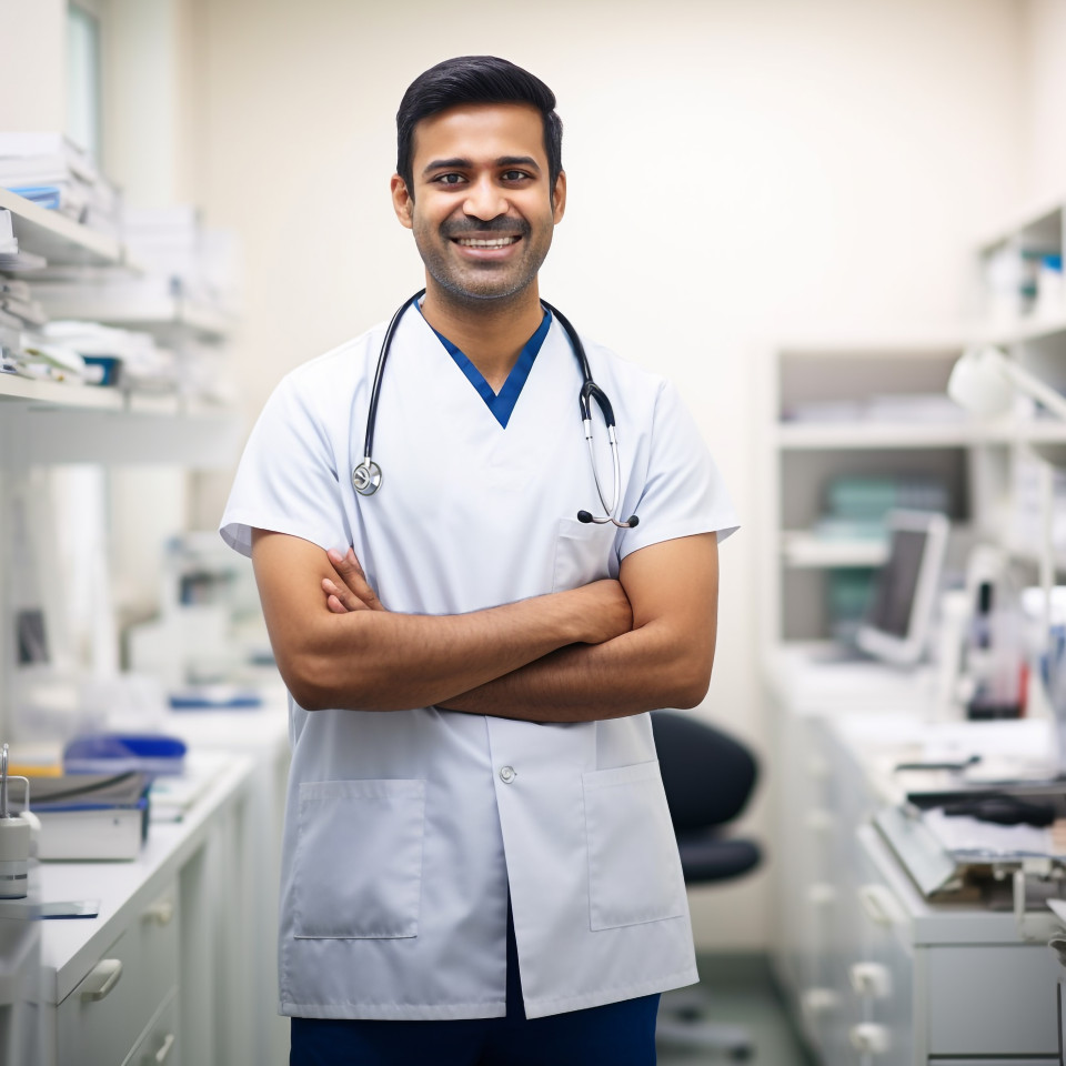 Friendly smiling handsome indian man medical assistant at work on blured background