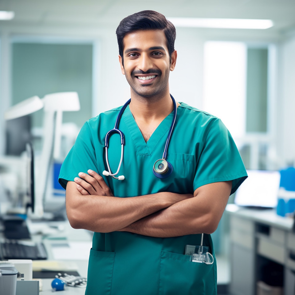Friendly smiling handsome indian man medical assistant at work on blured background