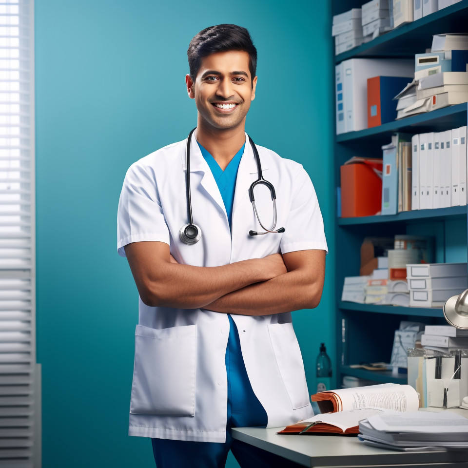 Friendly smiling handsome indian man medical assistant at work on blured background