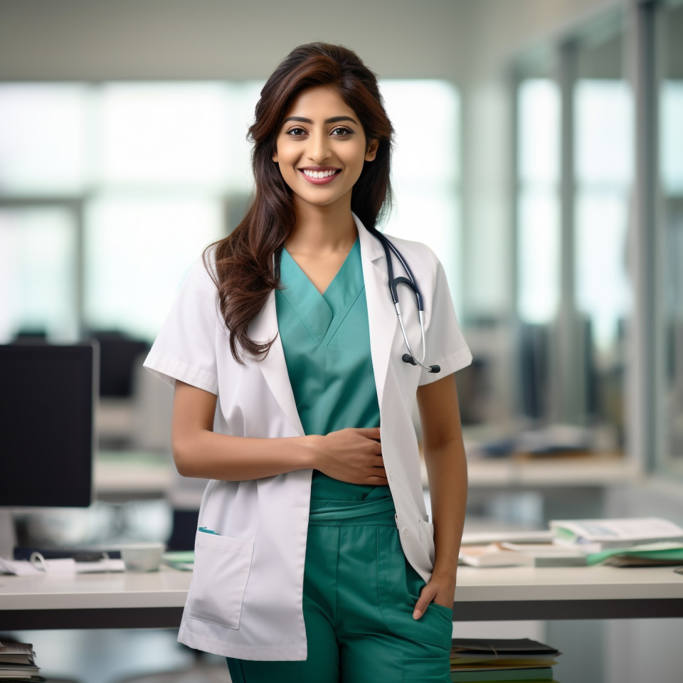 Friendly smiling beautiful indian woman hospital administrator at work on blured background
