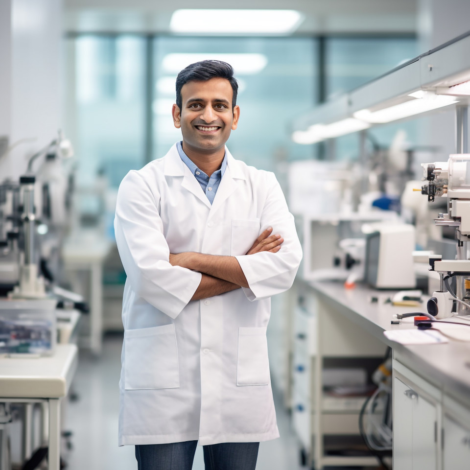 Friendly smiling handsome indian man biomedical engineer at work on blured background